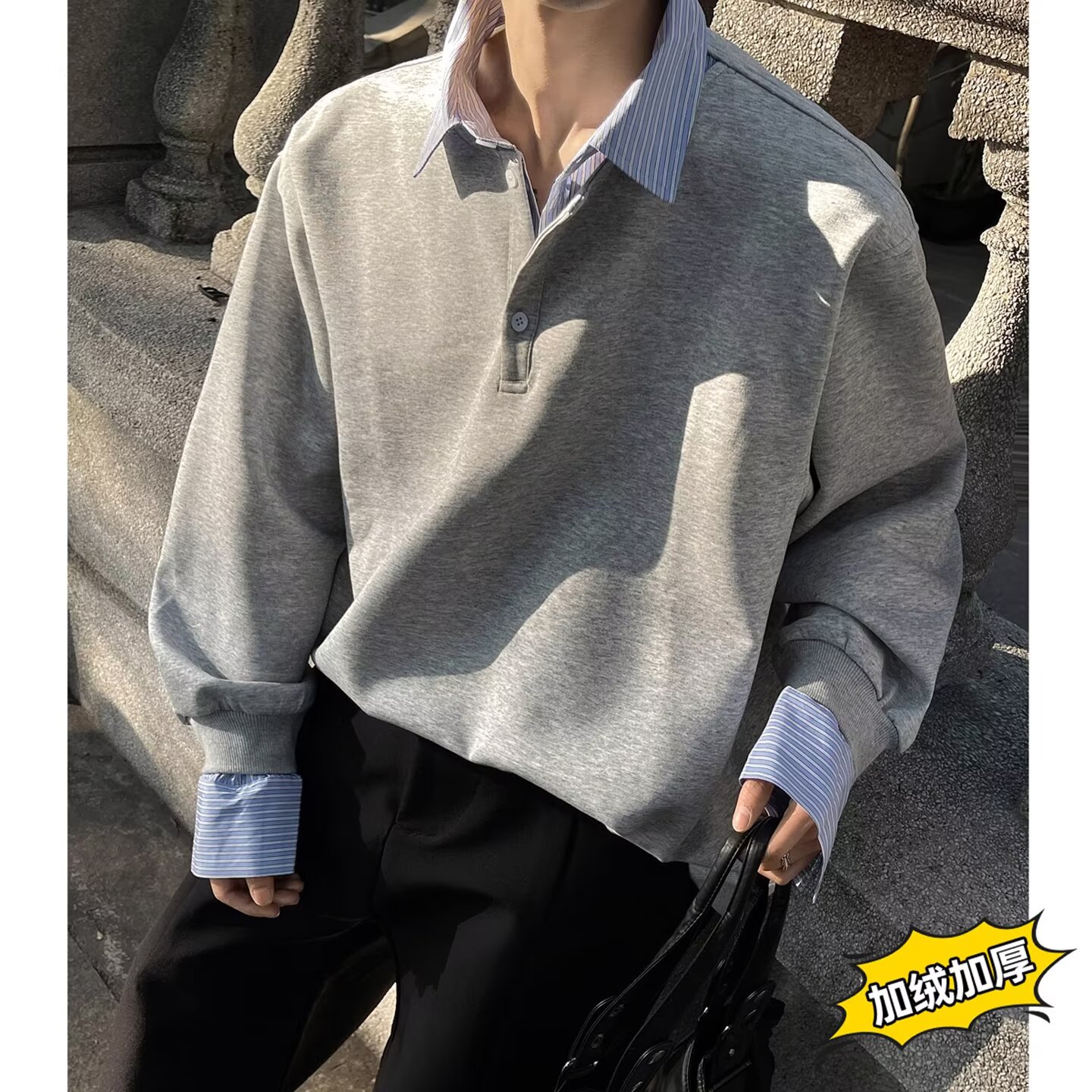 【51】5假两件格纹拼接衬衫领长袖T恤男款A079-C13加绒--P49，男装T恤，电商A079