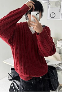 【126】羊毛复古麻花毛衣男宽松酒红色针织上衣A079-MY018-P51图片