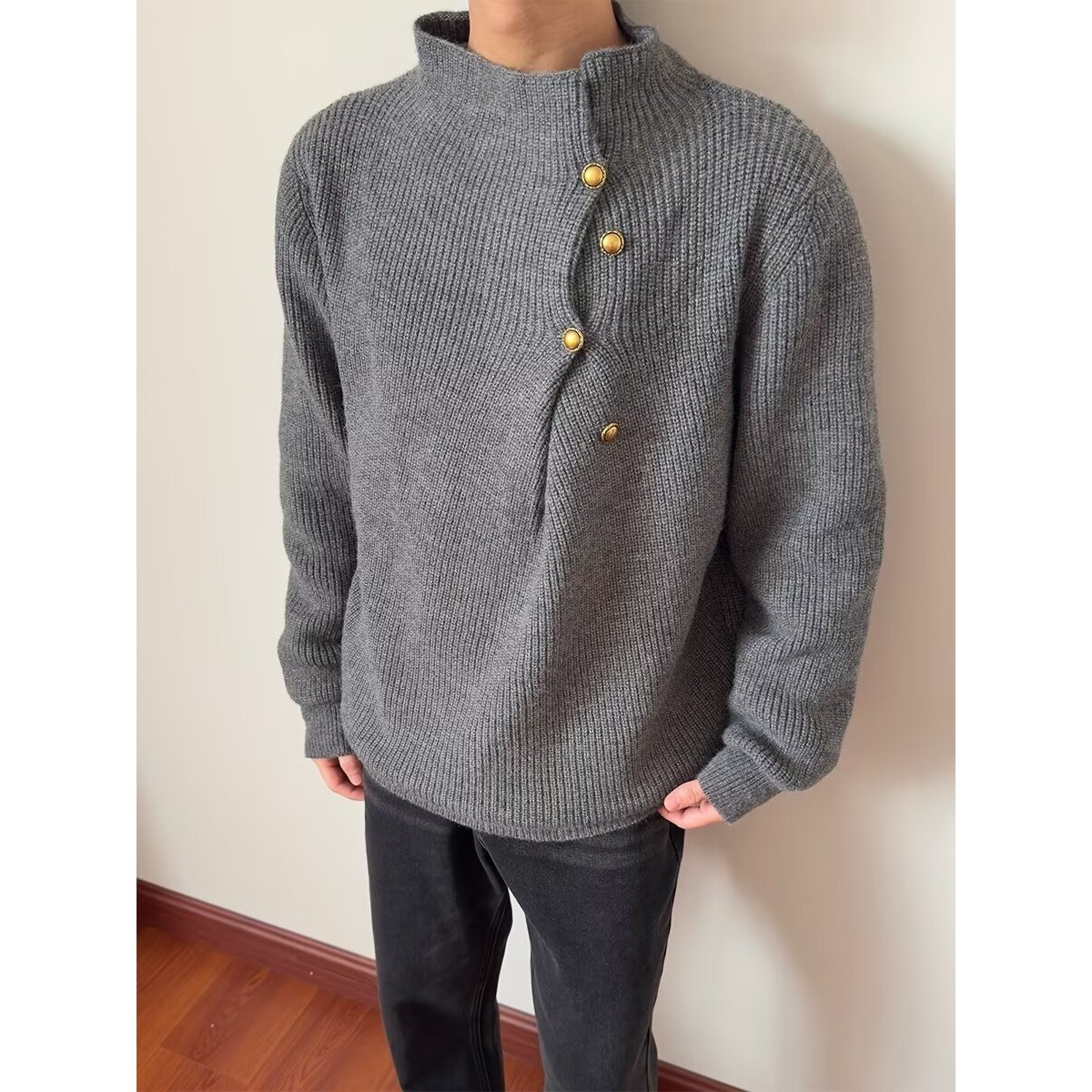 【001】不规则纽扣设计感高领毛衣男针织衫上衣A079-MY140-P75，男装针织衫/毛衣，电商A079