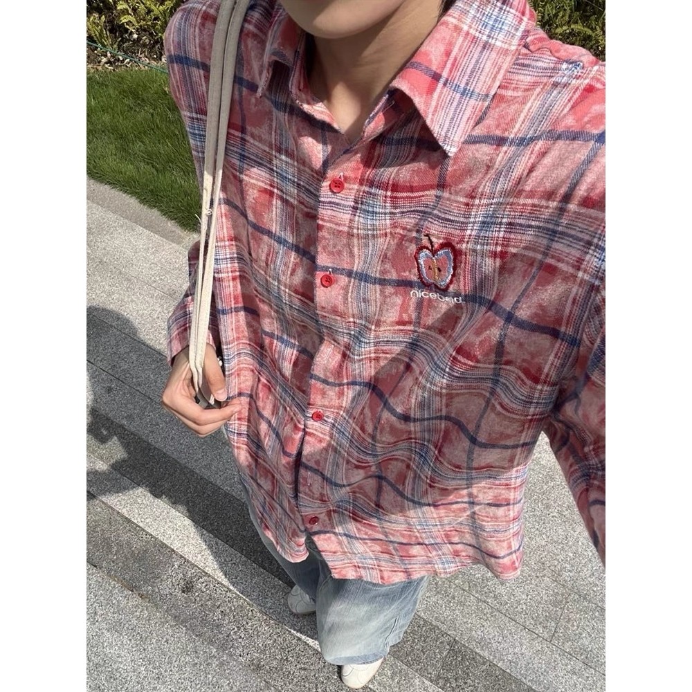 【网3】刺绣格子衬衫男女秋季长袖翻领衬衣A079-CS106-P42