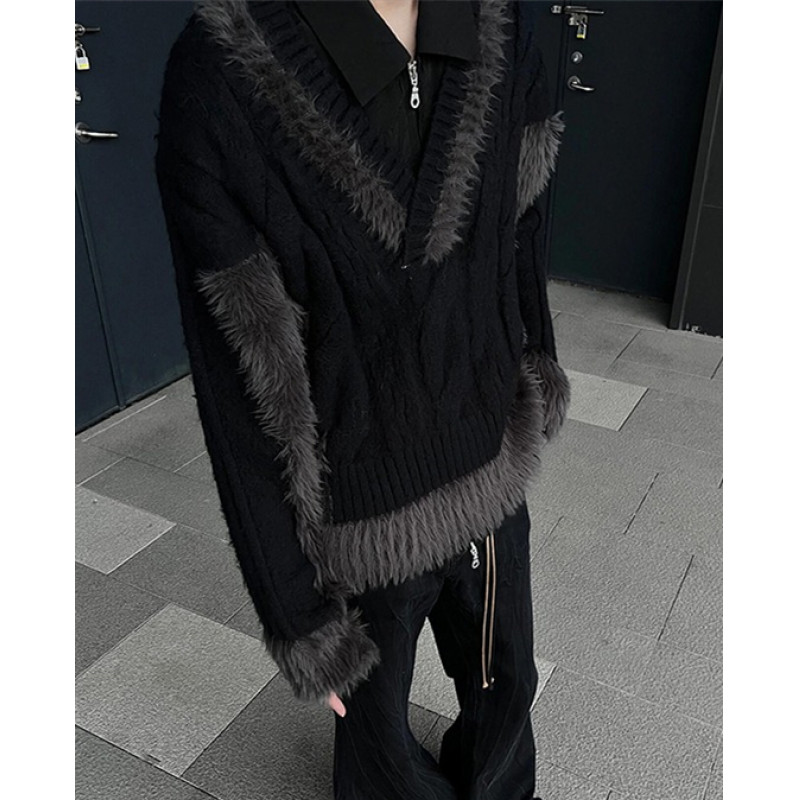 【202】撞色拼接毛衣男秋冬马海毛v领针织衫上衣潮A079-X049-P59，男装针织衫/毛衣，电商A079