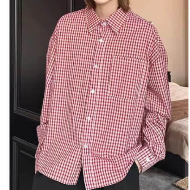 [006]翻领格子衬衫男女长袖宽松拼接衬衣外套A079-CS387-P31,男装衬衫,电商A079