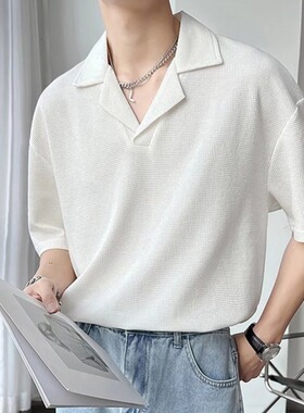 [012] 短袖POLO衫男宽松半袖上衣V型翻领t恤男A079-T538-P27