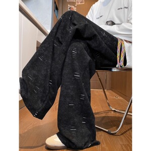 【网130】直藏青色美式撞色割破设计感裤子男秋筒裤A079-A783-P43