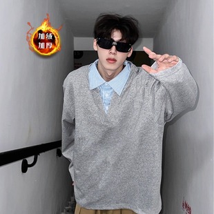 262 WY4225 5长袖 A079 P48 加绒加厚卫衣假两件打底衫