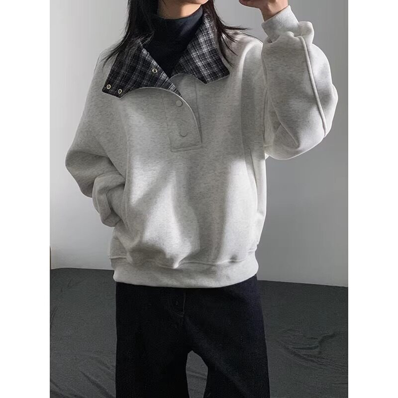 [004]格纹纽扣立领卫衣男款挺情侣短款外套A079-W408-P49,女装短外套,电商A079