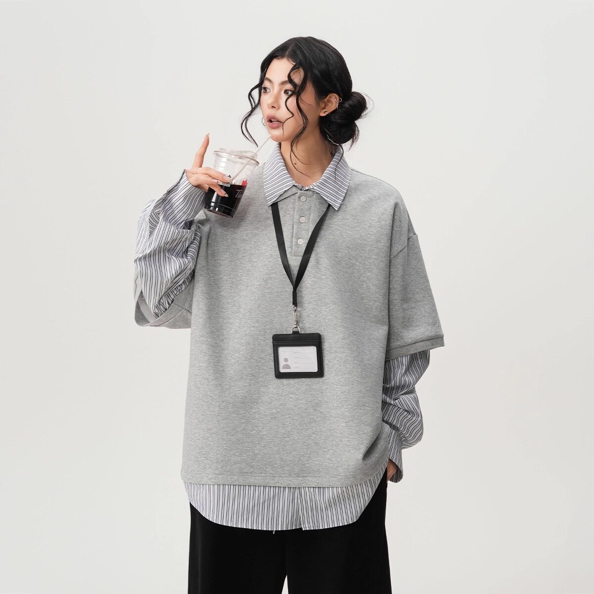 宽松POLO衫纹拼接假两件卫衣A079-WY01-P45【网络图3】,男装Polo衫,电商A079