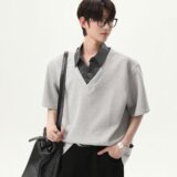 [012]假两件格子polo衫短袖t恤男拼接衬衫领上衣A079-T71-P35，男装T恤，电商A079