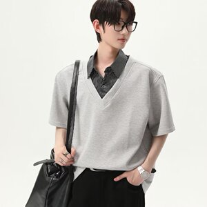 [012]假两件格子polo衫短袖t恤男拼接衬衫领上衣A079-T71-P35图片