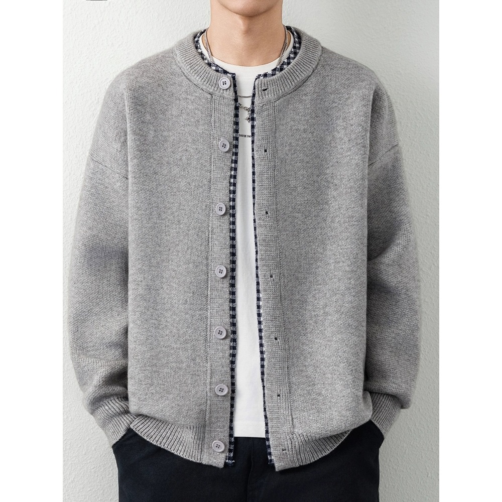 【079】针织假两件开衫毛衣秋冬季复古纯色外套A079-M9209-P69，男装针织衫/毛衣，电商A079