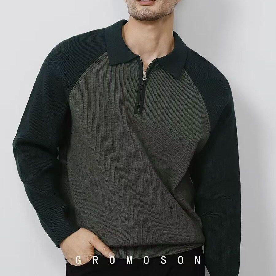 [005]半拉炼POLO领撞色套头插肩袖休闲A079-T401-P49，男装Polo衫，电商A079