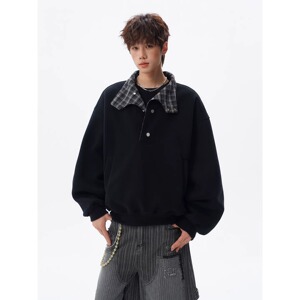 [004]格纹纽扣立领卫衣男款挺情侣短款外套A079-W408-P49图片