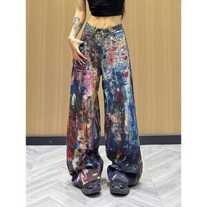 【104】5彩印泼墨牛仔裤女重工彩色宽松阔腿直筒裤A079-M609-P61图片