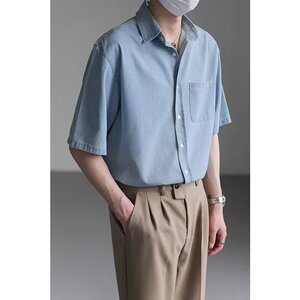 [006]水洗牛仔衬衫男短袖休闲工装口袋蓝色衬衣A079-C917-P45图片