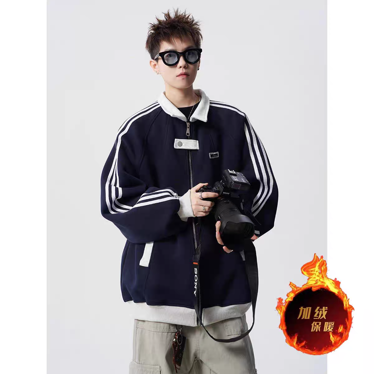 【001】5加绒加厚拼接运动夹克三条杠开衫卫衣A079-5017加绒-P51，男装夹克，电商A079