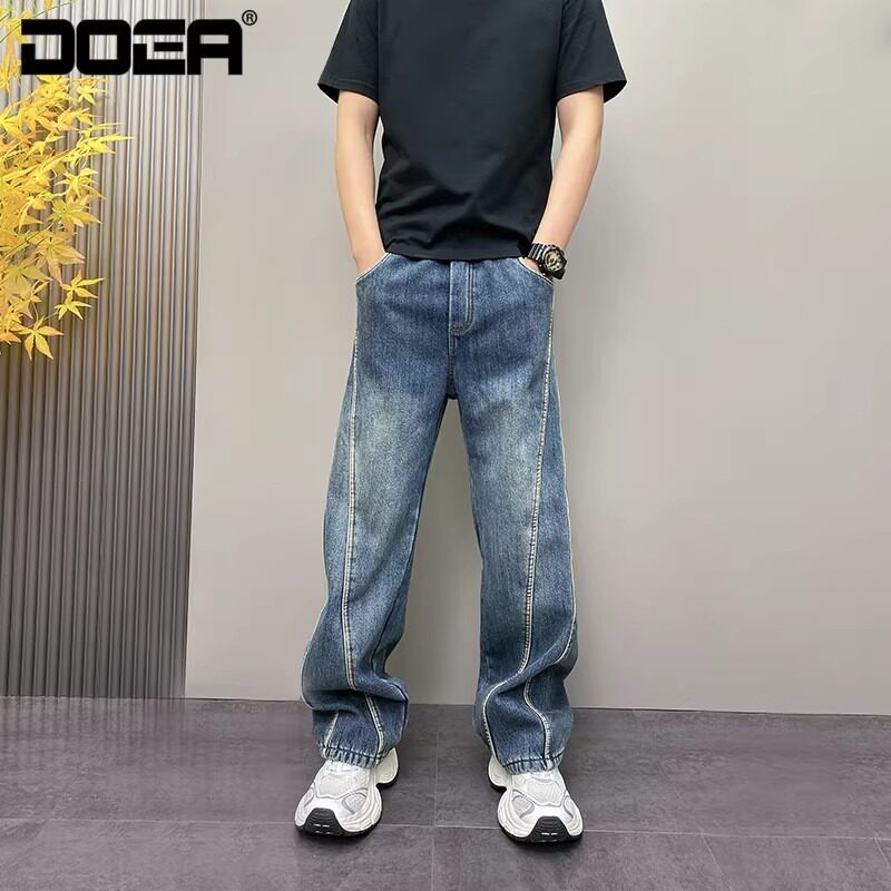 [008]拼接裁剪直筒牛仔裤男阔腿哈伦休闲长裤A079-N675-P48,男装牛仔裤,电商A079