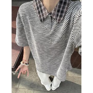 [003]格纹撞色衬衫领短袖T恤男情侣宽松百搭新款A079-D913-P38图片