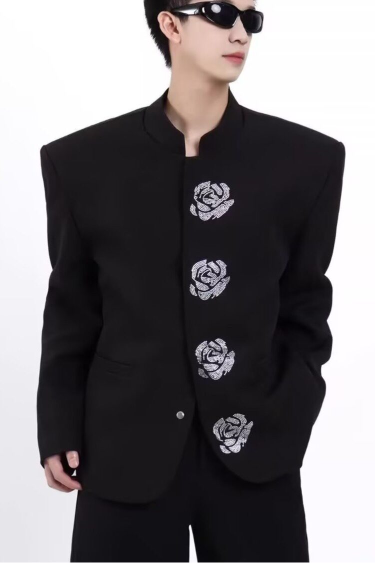 [001]立领黑色西装外套男烫钻花朵重工垫肩西服A079-XZ034-P65,男装西服套装,电商A079