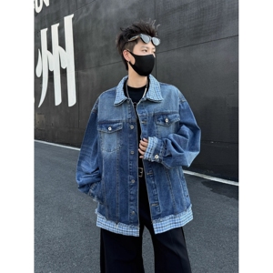 【网7】式复古格子拼接假两件牛仔外套男女cl夹克A079-JK8645-P69图片