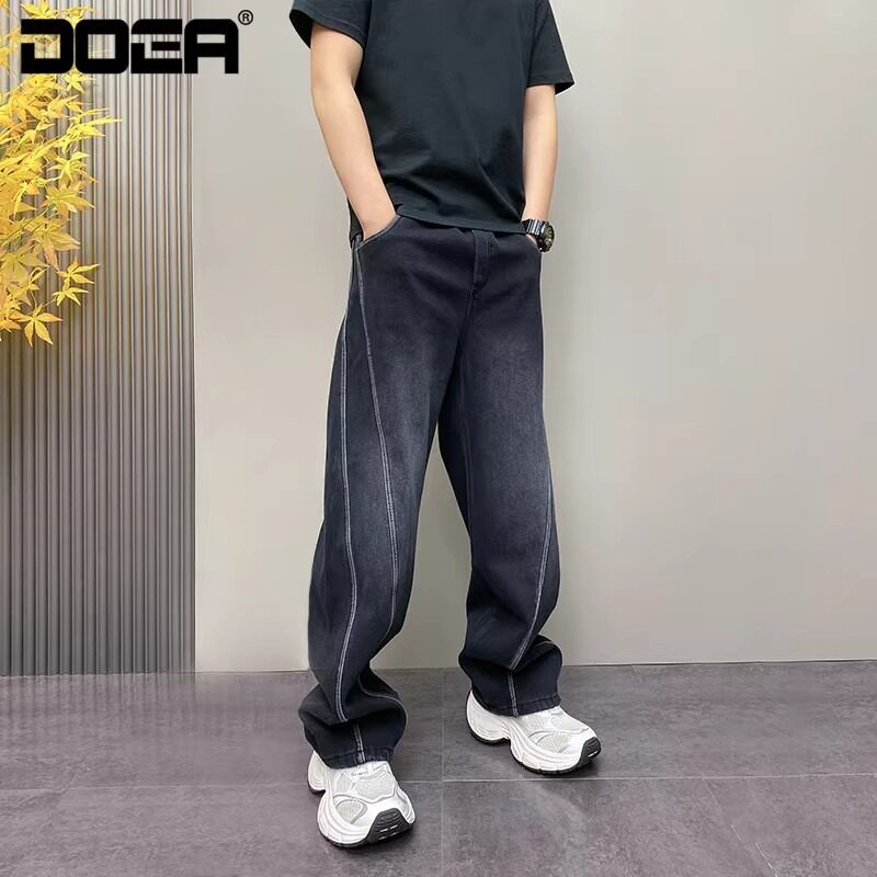 [008]拼接裁剪直筒牛仔裤男阔腿哈伦休闲长裤A079-N675-P48,男装牛仔裤,电商A079
