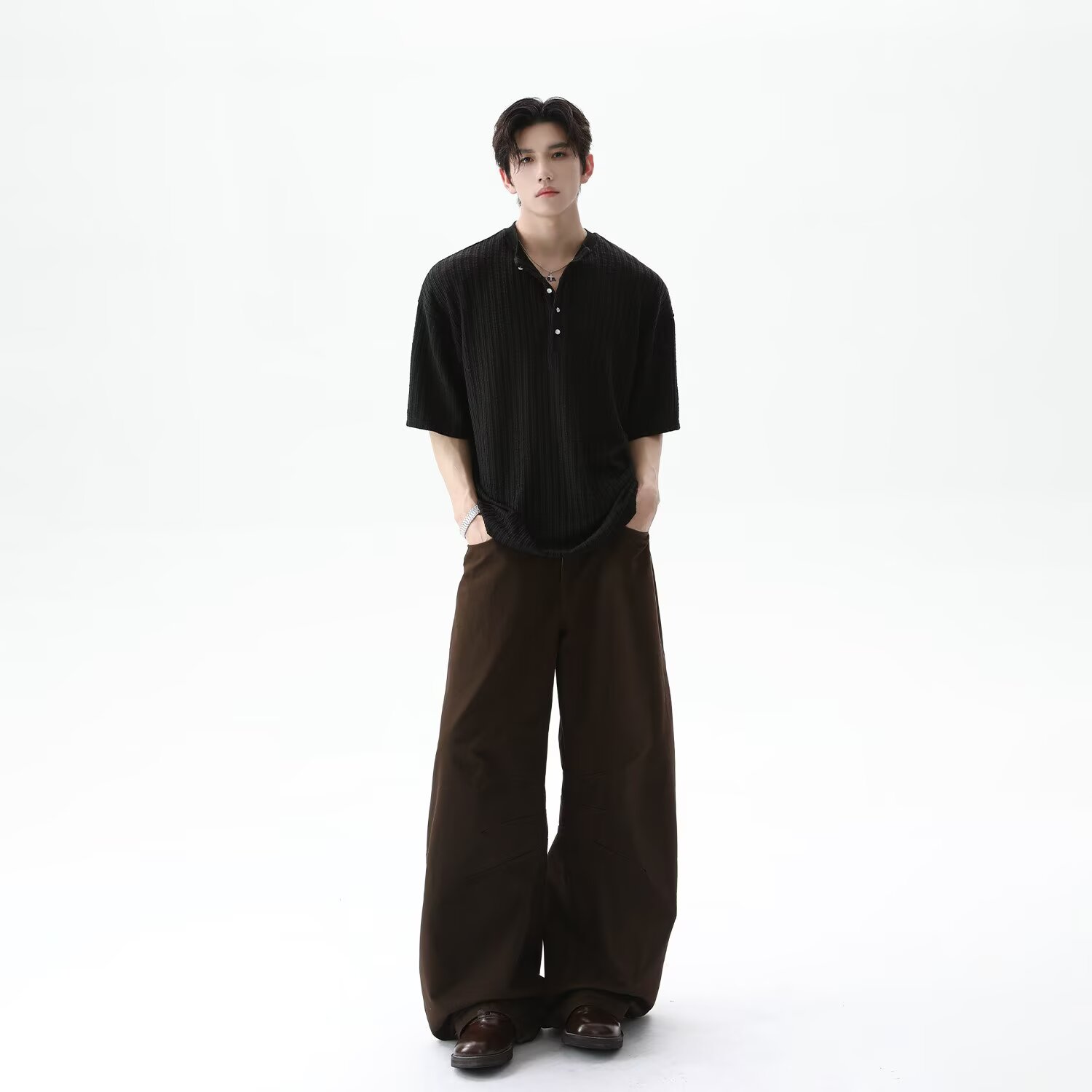 [003]亨利领短袖T恤男女秋肌理感条纹上衣A079-S230-P35,男装T恤,电商A079