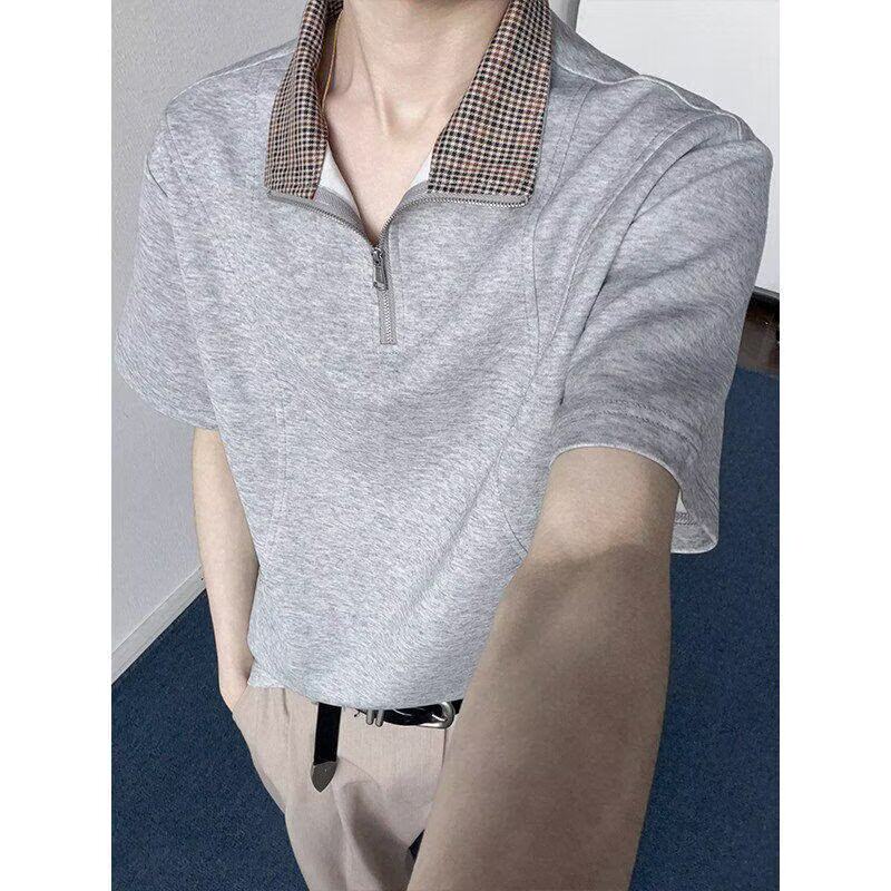[012]短袖拉链夏撞色格纹翻领POLO衫男假两件宽松A079-S235-P32,男装T恤,电商A079