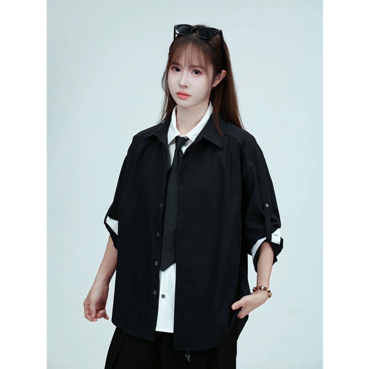 【079】假两件拼接领带设计感衬衫高级感衬衣外套A079-1151-P47，男装衬衫，电商A079