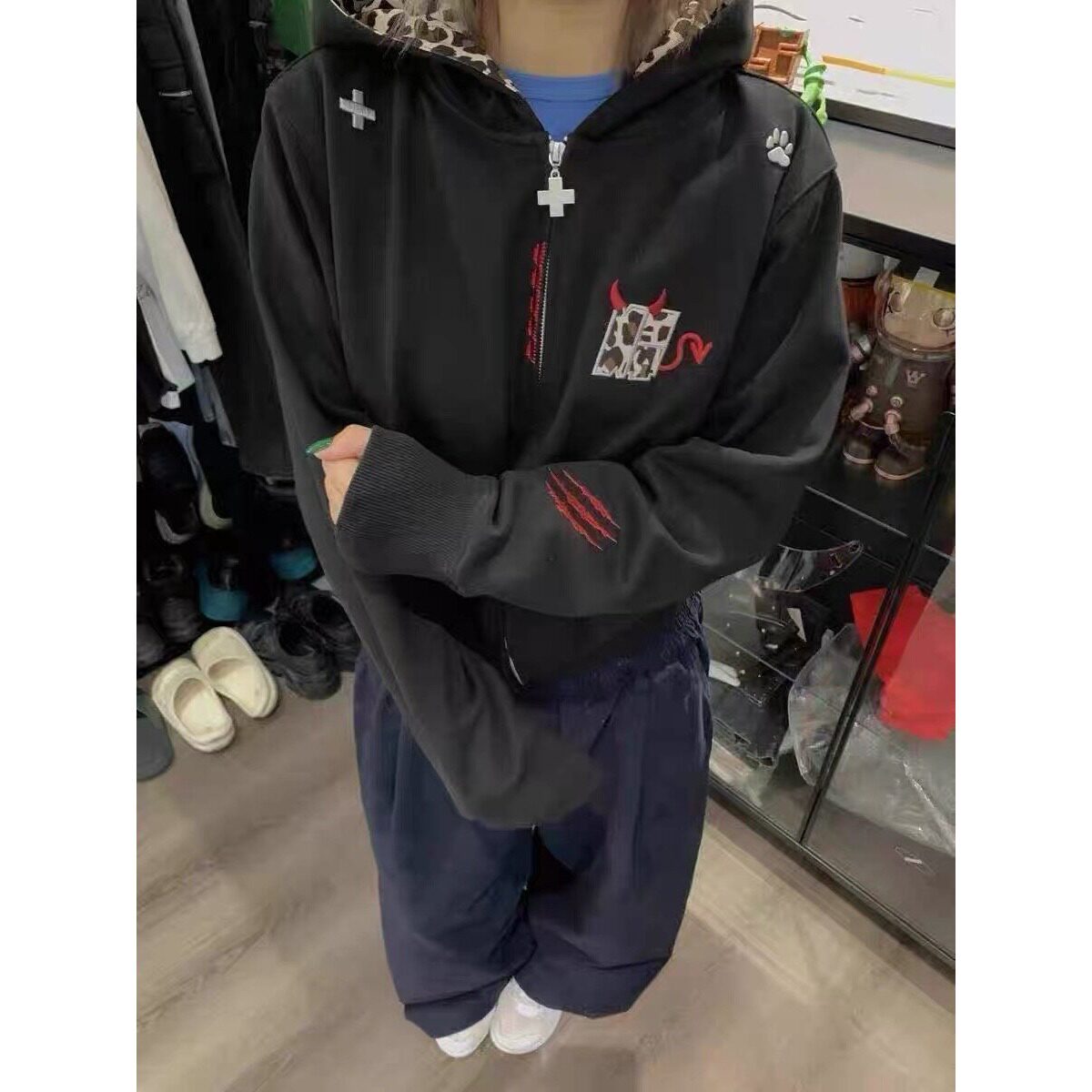 【253】小恶魔豹纹连帽拉链卫衣男女情侣开衫A079-WY088-P51图片