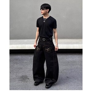 【008】刺绣弯刀牛仔裤宽松阔腿长裤男女 A079-7826-P50图片