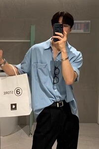 [006]水洗牛仔衬衫男短袖休闲工装口袋蓝色衬衣A079-C917-P45图片