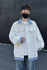 【网7】式复古格子拼接假两件牛仔外套男女cl夹克A079-JK8645-P69图片