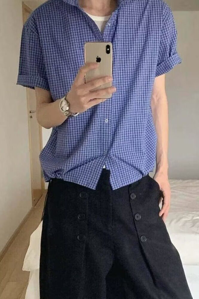 [006]蓝色格纹衬衫男下摆抽绳短宽翻领衬衣A079-C405-P35,男装衬衫,电商A079