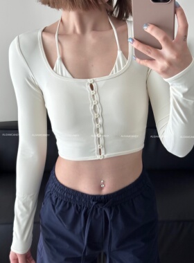 ALGAM CANDY 固定杯垫 猫耳朵挂脖假两件长袖瑜伽服上衣0180