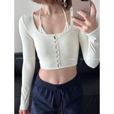 ALGAM CANDY 固定杯垫 猫耳朵挂脖假两件长袖瑜伽服上衣0180