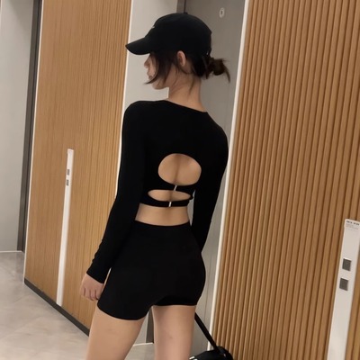 ALGAM CANDY 露背上衣女性感运动长袖自带胸垫打底衫