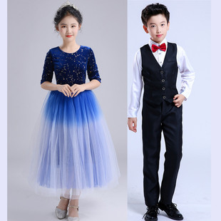 蓝色长裙初中生大合唱服装合唱团诗歌朗诵儿童演出服歌咏比赛