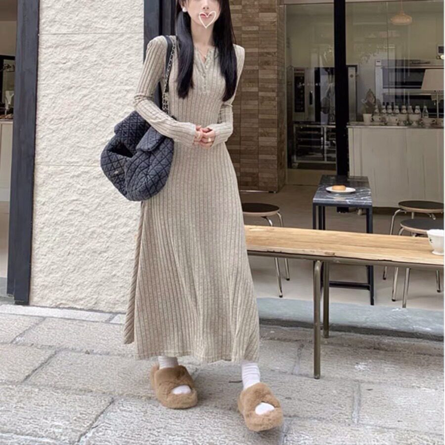 复古简约百搭针织长袖连衣裙女春连衣裙
