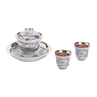 鎏银龙腾四海二才盖碗套装非遗大师郑文强作品功夫茶具礼盒