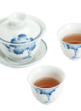 苏氏陶瓷三才盖碗手绘青花陶瓷薄胎功夫泡茶碗带两个茶杯礼盒装