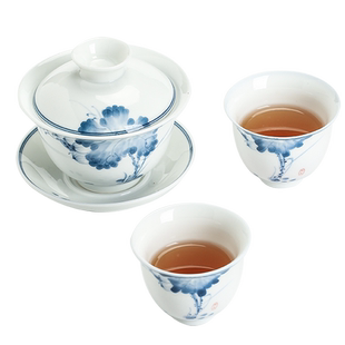 苏氏陶瓷三才盖碗手绘青花陶瓷薄胎功夫泡茶碗带两个茶杯礼盒装