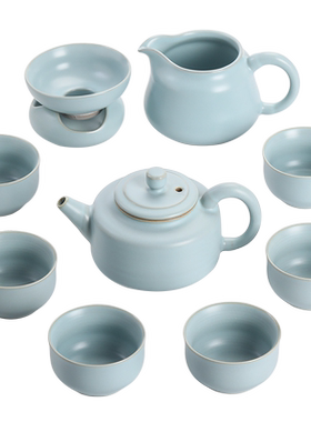 苏氏陶瓷汝窑茶具套装可开片可养汝瓷功夫茶具10头礼盒装钟德壶款