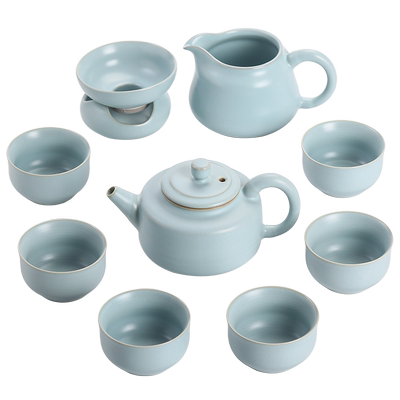 苏氏陶瓷汝窑茶具套装可开片可养汝瓷功夫茶具10头礼盒装钟德壶款