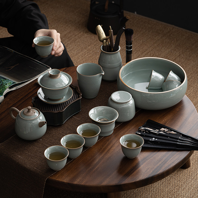 哥窑功夫茶具陶瓷泡茶壶三才盖碗茶杯茶洗六君子大套组礼盒装