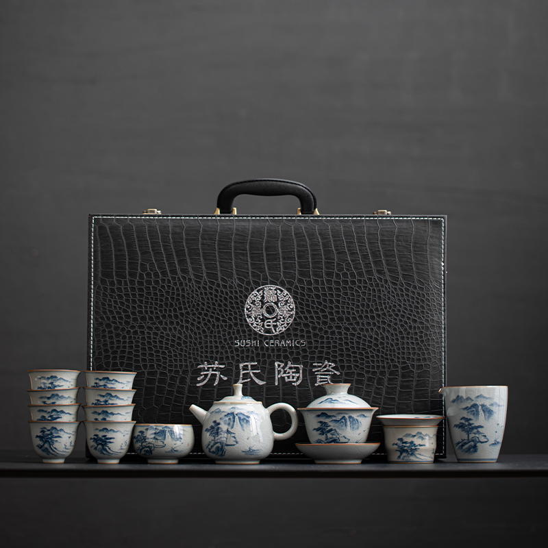 苏氏陶瓷汝窑开片茶具套装手绘山水泛舟三才盖碗泡茶壶大套礼盒