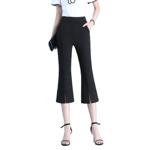 裤子女夏季薄款冰丝开叉七分喇叭裤大码弹力显瘦微喇裤夏天妈妈裤