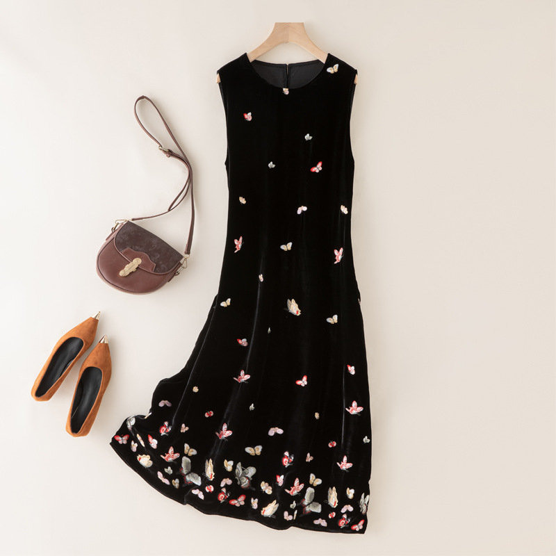 秋冬季女真丝丝绒无袖碎花连衣裙