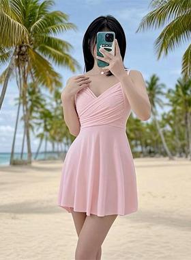 汐姿澜泳衣女大胸连体裙式C/D/E/F杯钢托聚拢显瘦遮肉海边温泉粉