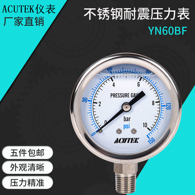 ACUTEK 304不锈钢耐震压力表 YN60BF 10barPT1/4  耐高温压力表