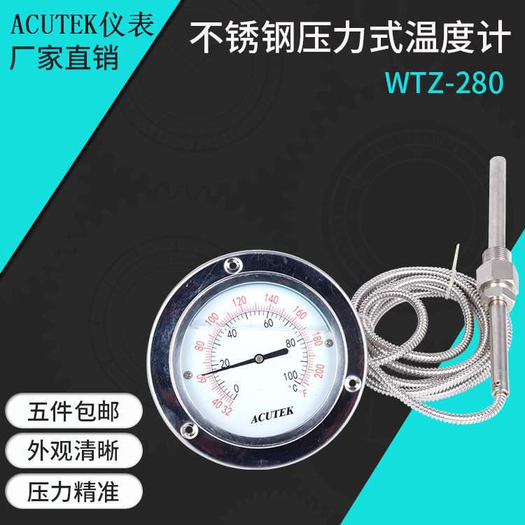 。轴向带边不锈钢耐震压力式温度计WTZ-280-N 100度 3米螺纹1/2