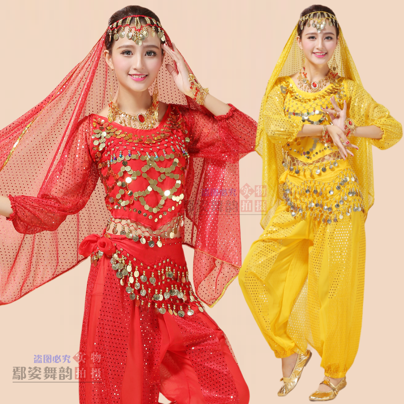 新款印度舞演出服长袖大码新疆舞民族风天竺少女肚皮舞表演服套装